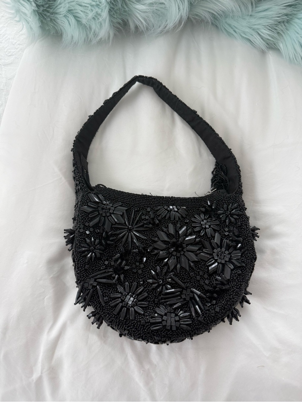 Black Beaded Floral Shoulder Bag